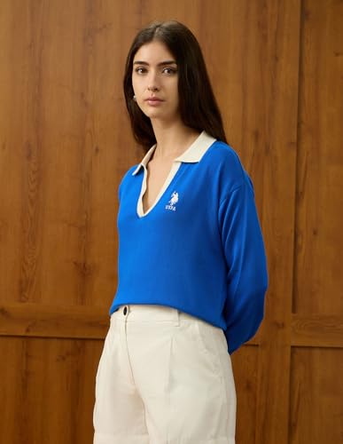 U.S. Polo ASSN. Women Relaxed Fit Solid Sweater (UWAW25SWE200_Bright Blue_L)