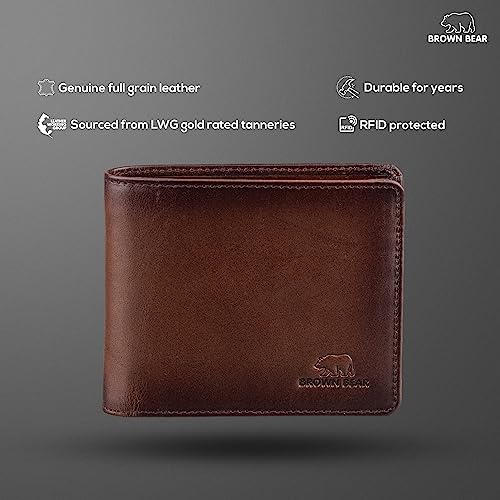 BROWN BEAR Nappa Leather RFID Wallet for Man, Slim Bifold (Brown)