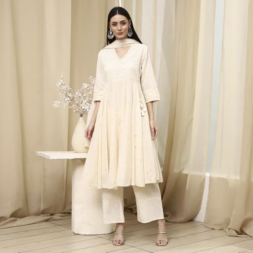 Biba Women Off-White Cotton Schiffli Anarkali Suit Set_42