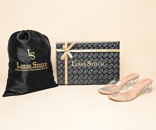 LOUIS STITCH Women’s Fashion Beige Slip-On Block Heel Sandals | Transparent Cross Strap Stylish Heel Sandal for Ladies, Fashionable Sandal | LSOF-LDBH-SLCSBG | (UK-4)