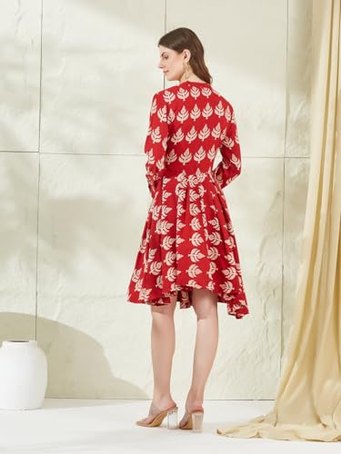 Divena Red Rayon Boat Neck Knee Length Dress