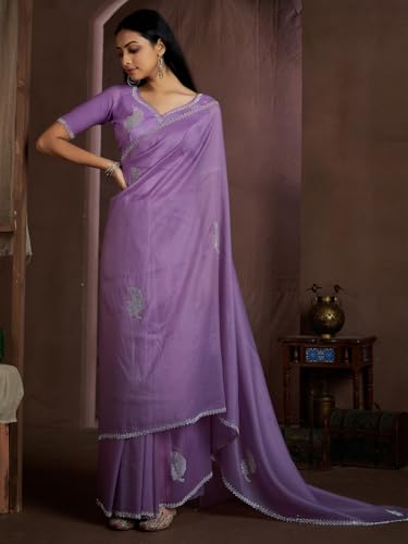 SAREE MALL Women's Lavendar Pure Silk Embellished Saree With Unstitched Blouse (MAHEK957D_MK)