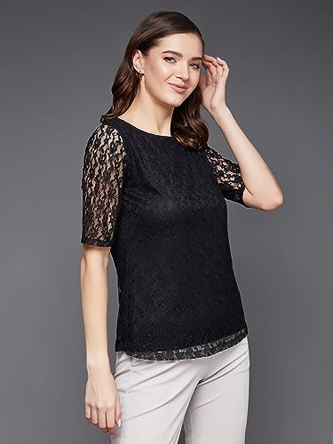 Miss Chase Women's Round Neck Half Sleeves Basic Lace Crop Top (MCAW25TP98-56-NOB-02, Obscura Black, XS)