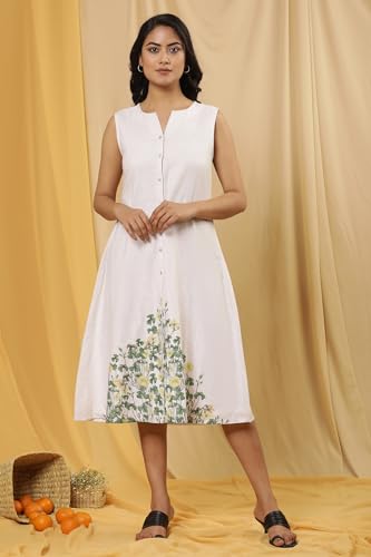 W for Woman White Floral Print Cotton A-Line Dress_24FEW11365-810684_XS