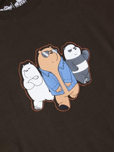 The Souled Store We Bare Bears: Cooligans Men and Boys Short Sleeves Round Neck Dark Olive Embroidered Cartoon Graphic Casual Lightweight Drop Shoulder Streetwear Trendy Cotton Oversized T-Shirt