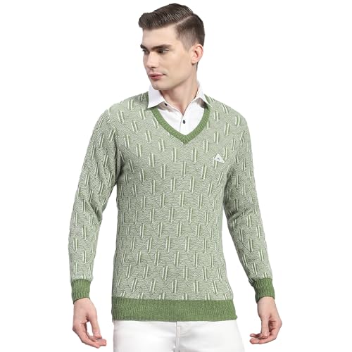 Monte Carlo Mens Green Solid V Neck Full Sleeve Wool Blend Casual Sweater (1239177VN-2-40)