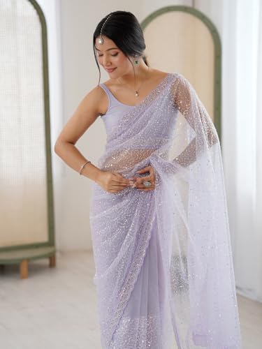 AKHILAM Women's Shimmer Lavendar Net Embellished Saree With Unstitched Blouse Piece (AARYAN20901_KR)