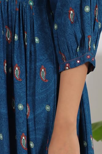 W for Woman Teal Blue Embroidered Yoke Gathered Rayon Kurta, Straight Pants and Dupatta Set (Size: S)-WS12183-124706