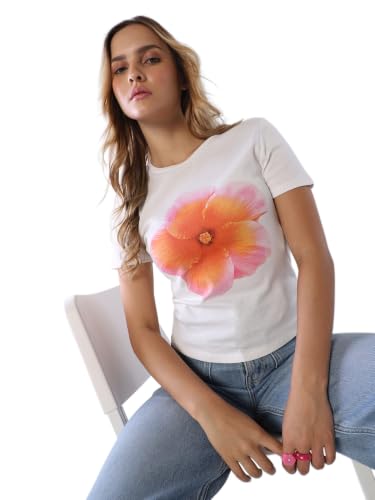 ONLY Women's Floral Print Regular Fit White T-Shirt