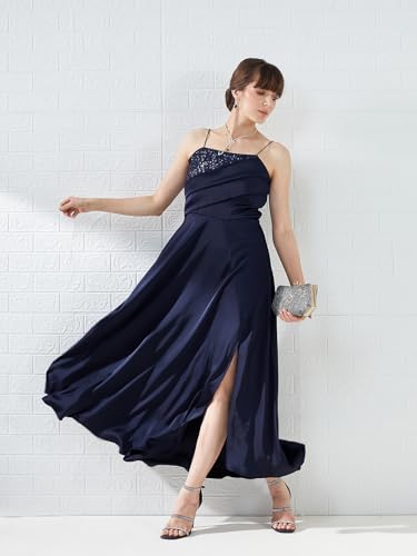 Latin Quarters Women's Navy Blue Shoudler Strap Square Neck Solid Party Maxi Dress_M