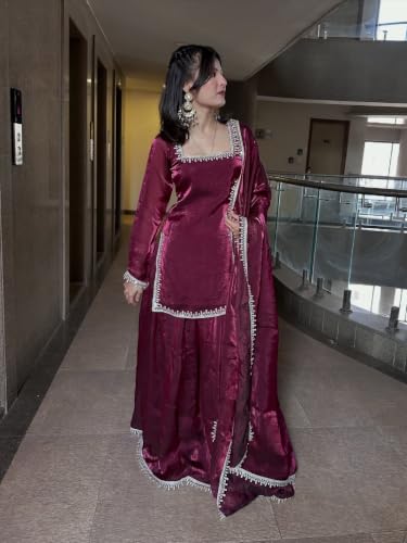 Women's Wine Kurti With Sharara And Dupatta, Silver Lace Border