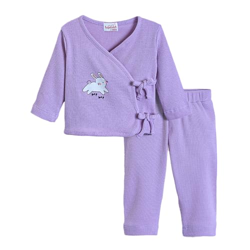 Hopscotch Unisex Full Sleeves Purple 2-Pc Textured Wrap Style Cotton Pajama Set (0-3 Months)