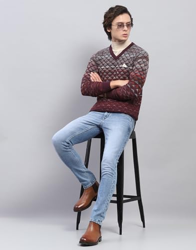 Monte Carlo Mens Wine Self Design V Neck Full Sleeve Pullover (1243195VN-2-44)