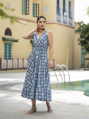 Divena Blue Floral Print Pure Cotton Fit & Flare Dress