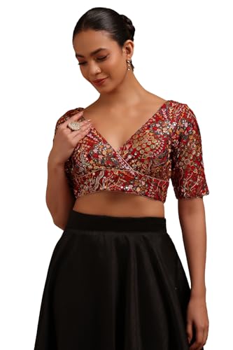Soch Womens Red Georgette Embroidered Padded Blouse with Sequins