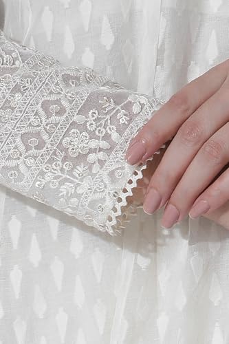 W for Woman Off-White Cotton Blend Anarkali Embroidered Kurta, Straight Pants and Dupatta Set (Size: 3XL)-24FESP10670-313617