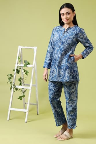 W for Woman Blue Floral Printed Pure Cotton Tunic and Pants Co-ord Set (Size: XS)-WS31228-124187