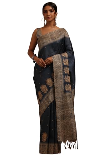 Soch Womens Blue Tussar Ethnic Motifs Hand Embroidered Saree