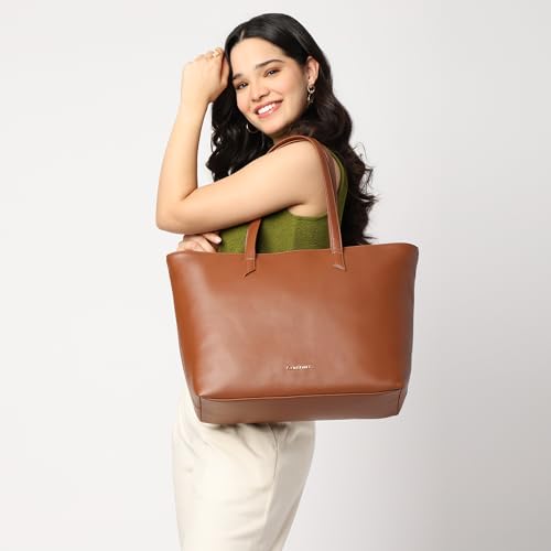 Fastrack Core Tote Laptop Bag For Women | Tan Faux Leather Bag | Fits Upto 15" Laptop | Ladies Handbag with Zipper Closure & Utility Pockets