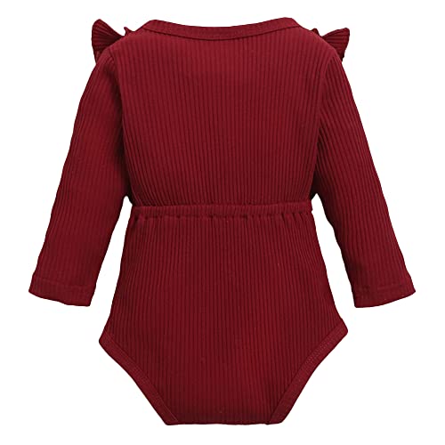Hopscotch Baby Girls Polyester And Spandex Solid Bow Applique Bodysuit Suit Set in Burgundy Color For Ages (9-12 Months)