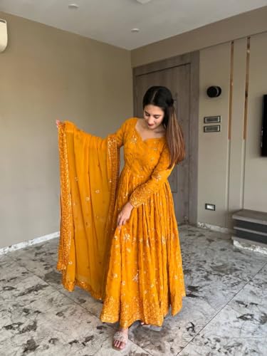 Fashion Basket Women's Faux Georgette Embroidered Yellow Anarkali Gown with Dupatta (X-Large)