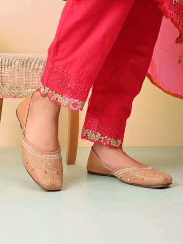 XE Looks Women’s Embroidered Ethnic Juttis with Intricate Threadwork Design | Soft Cushioned Insole | Lightweight Slip-On Traditional Flats for Girls & Women Beige