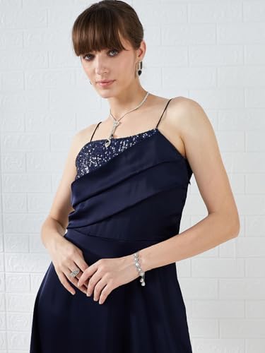 Latin Quarters Women's Navy Blue Shoudler Strap Square Neck Solid Party Maxi Dress_M