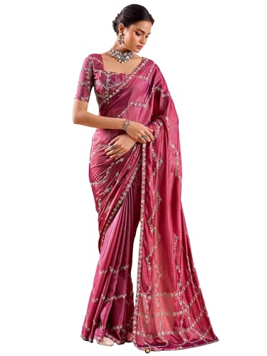 AKHILAM Women's Pink Georgette Embellished Saree With Unstitched Blouse Piece (PARINAY1004_SR)