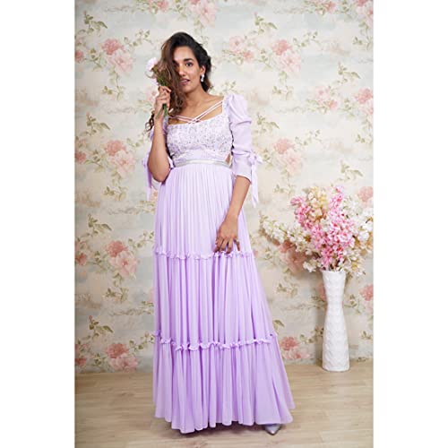 Avy's Label Premium Georgette Lilac Tiered Purple Long Frock with Maggam Work (Purple, 38)