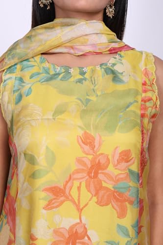W for Woman Yellow Floral Printed Straight Kurta with Flared Pant and Dupatta Set - (WS13684-126969-M)