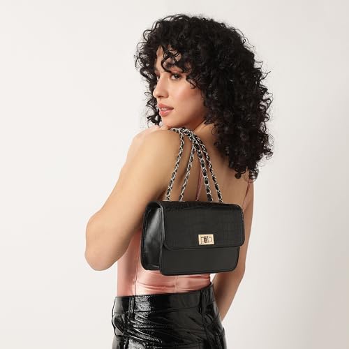 Fastrack Casual Sling Bag with Lock Closure for Girls, Medium Size with Internal Organiser and Metal Chain Strap, Made with High-Quality Faux Leather
