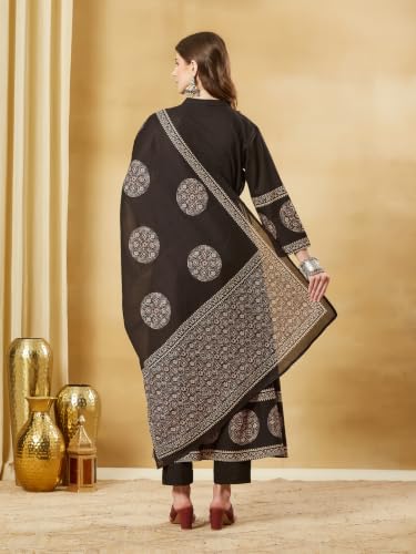 Divena Black Cotton Anarkali kurta Pant set With Dupatta