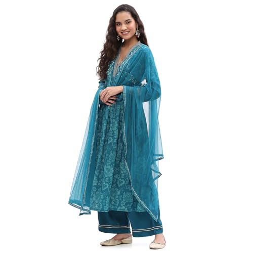 BIBA Women's Rayon Kurta Sets (SKDASRT10215AW24TEL_Teal Blue