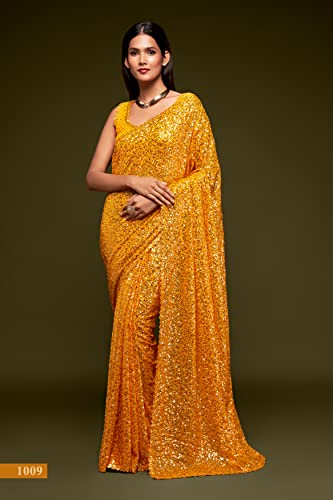 Zeel Clothing Women's Yellow Sequins Work Heavy Georgette Saree with Blouse (1009-Honey-Yellow-Sequins-Party-Saree, Honey Yellow)