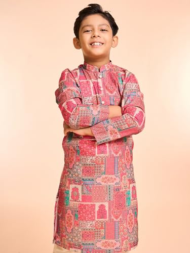 Manyavar Boys Cotton Blend Abstract Print Kurta Pyjama Set (Coral,8-10Y)
