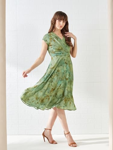 Latin Quarters Women's Green Cap Sleeves V-Neck Printed Casual Midi Dress_M