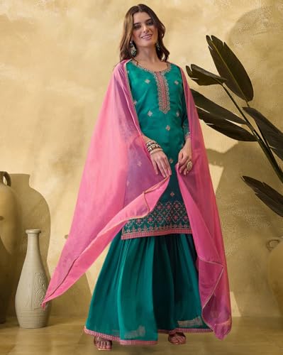 SheWill Firoji Poly Chinon Zari Sequence Thread Embroidered Kurta With Sharara And Dupatta (SHEKS10335_ANANT_A)