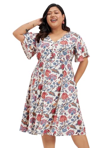 wild U Women Plus Size Western Dress | Floral Print | Midi | Rayon Fabric | Stylish (Off White Pink, Size: 6XL)