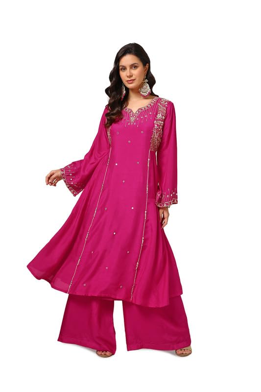 Soch Womens Fuchsia Dupion Silk Suit Set With Mirror Work