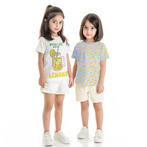 Nautinati Girls’ Mango and Lemon Print Cotton T-Shirts | Pack of 2 T-Shirts for 2 to 10 Years