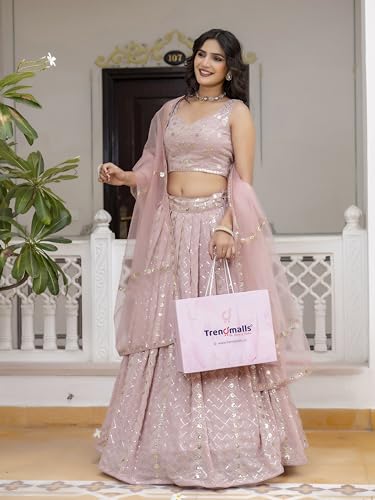TRENDMALLS Women's Georgette Sequin Embroidery Work Lehenga Choli with Dupatta For Women (L300-LightPink-Semi-Stitch)