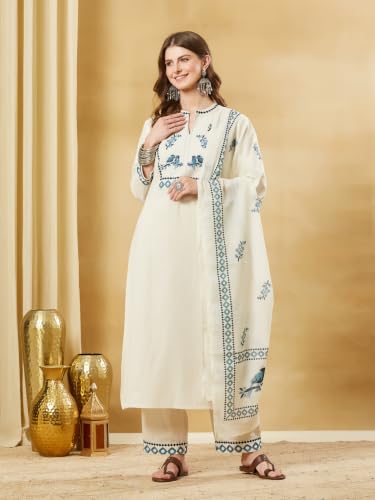 Divena Off White Cotton Flex Embroidered Kurta Sets with Dupatta