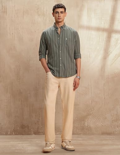 U.S. Polo Assn. Denim Co. Men's Striped Slim Fit Button Down Shirt (UDSHT2005_Green