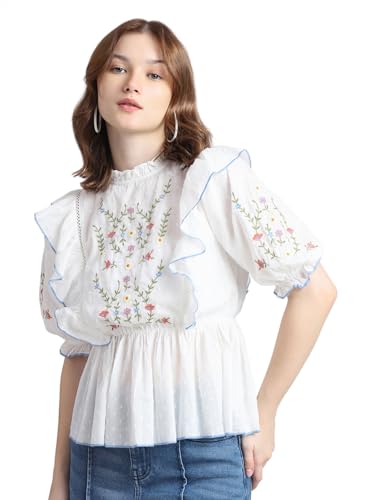 ONLY Women Embroidered Cotton White Peplum Top