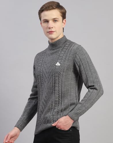 Monte Carlo Mens Grey Solid Turtle Neck Full Sleeve Wool Blend Casual Sweater (1239158TN-1042-44)