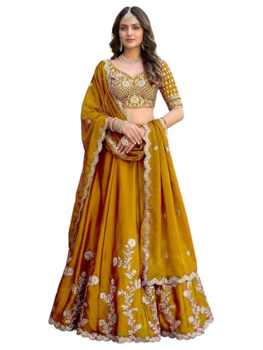 Zeel Clothing Women's Thread and Sequins Embroidered Work Silk Lehenga Choli With Dupatta (5135-Yellow-Women-Lehenga-Choli-Latest; Free size) (Yellow)