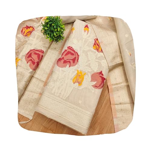SHANTVAN GALLERY Unstitched Dress Material for Women Cotton Dress Material for Women Tissue Shimmer Top 0.5m Sleeves Semi Cotton Bottom 2.5m Jacquard Dupatta 2.3m Tassels Suit Set - White
