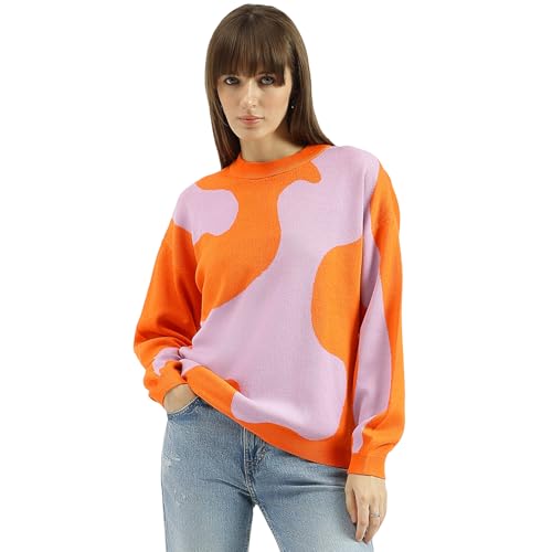 United Colors of Benetton Round Neck Colorblock Sweater (Size: M)-25A1099W3R69I901 Orange