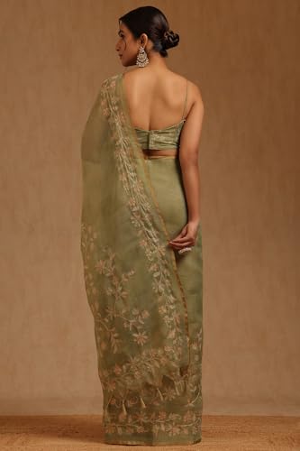 Soch Womens Light Olive Linen Floral Printed Saree With Zari