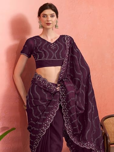 AKHILAM Women's Wine Tissue Geometric Printed Saree With Unstitched Blouse Piece (KRIYNS4905_KH)